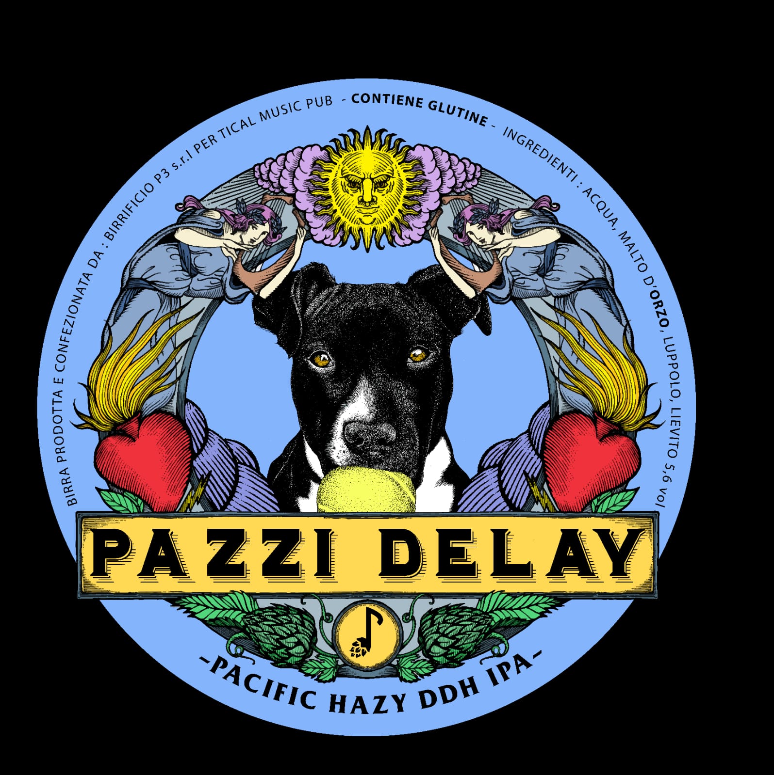 Linea 3 P3 BREWING CO per TICAL - Pazzi Delay (Pacific Hazy DDH Ipa) 5,6%. Hazy Pacific IPA volutamente torbida per via del particolare ceppo di lievito impiegato che, interagendo con le massicce dosi di luppolo impiegate, contribuisce ad esaltarne l'intensità aromatica e fruttata. I luppoli sono quindi i protagonisti assoluti e vengono impiegati in pellet (Rakau) e nel nuovo formato spectrum ®️ (Galaxy).  Lasciatevi travolgere da un'ondata luppolata direttamente dall'oceano Pacifico!! Pazzi Delay, nome suggerito dal birraio Giacomo Petretto, nasce da un gioco di parole del titolo di una famosa canzone dei Verdena  La grafica, un insieme di simbologie a noi care, è stata magistralmente disegnata e rifinita su nostre indicazioni da Settimo Cerchio, che ringraziamo per la cura, attenzione e pazienza riservataci.